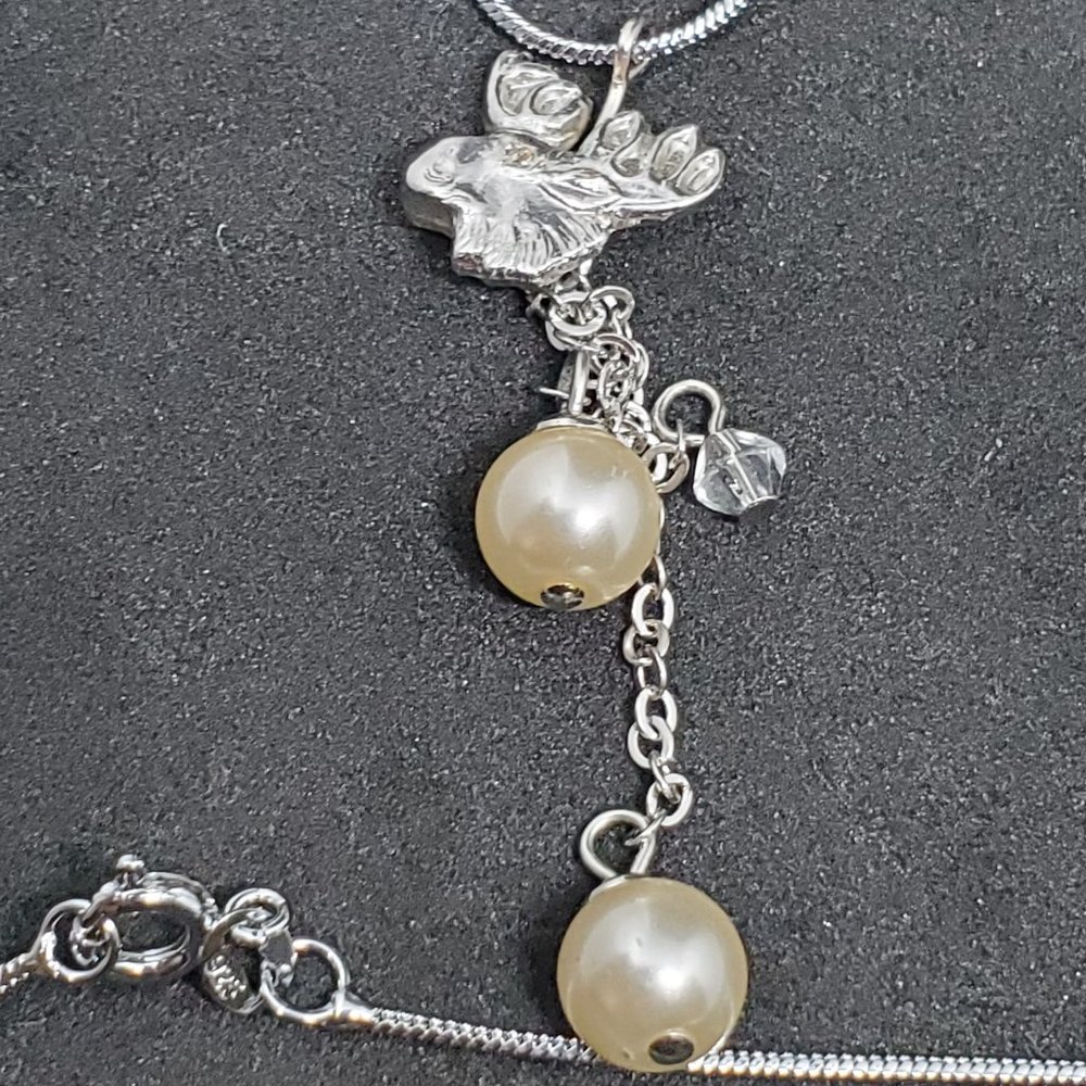 Handmade Artisan Moose and Faux Pearl Necklace 925